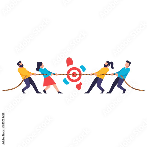 Four minimalist geometric characters collectively pulling a rope towards an abstract success target, illustrating synergy and focused group teamwork in a pure flat 2D vector illustration.