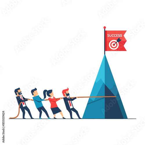 Four minimalist geometric business figures collaborate in unison, pulling a massive rope toward a success target flag atop a peak in a vibrant 2D flat vector illustration.
