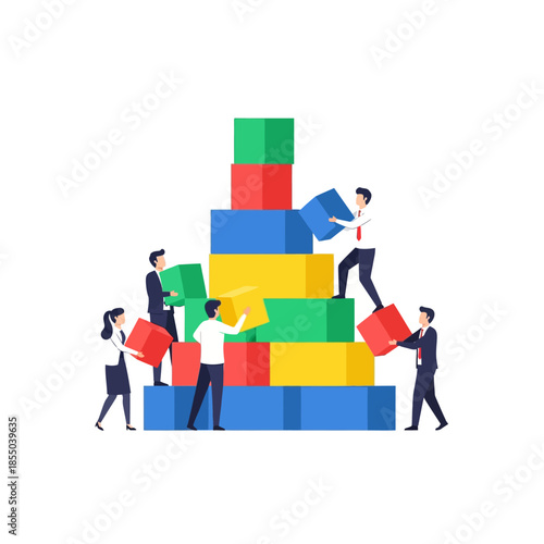 Four minimalist business people collaborate to build a stable, upward-growing corporate structure using colorful geometric blocks in a 2D pure flat vector illustration.