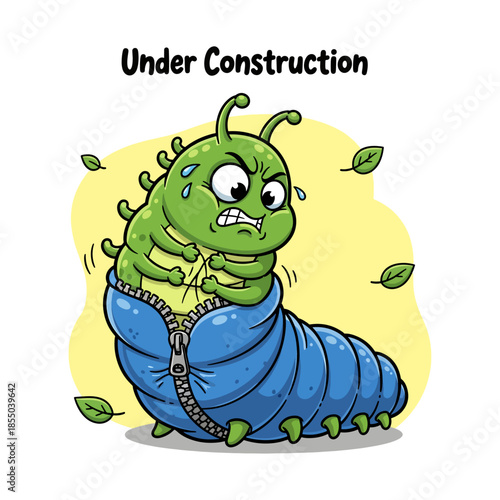 Funny Angry Caterpillar Struggling to Zip Cocoon Under Construction