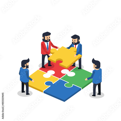 Four diverse geometric characters collaborate on the large business puzzle, achieving successful strategic completion in a vibrant pure flat 2D vector illustration.