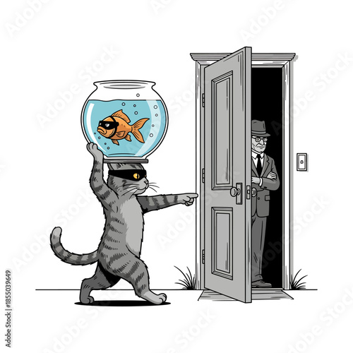 Funny Cat and Goldfish Burglar Team Sneaking Past Watching Owner