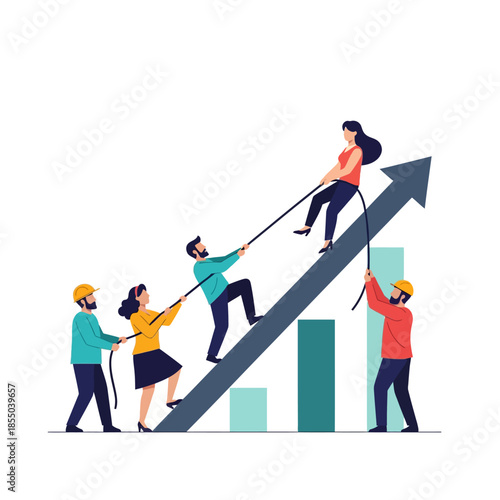 Four diverse business professionals collaboratively pull a teammate up a steep upward success arrow using a rope, depicted in a pure flat 2D vector illustration with vibrant solid colors.
