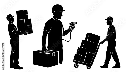 Warehouse workers organizing and moving boxes with a barcode scanner and hand truck