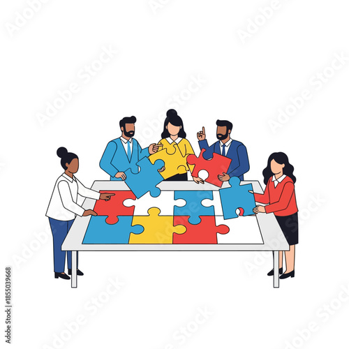 Four diverse business professionals collaborate on assembling a large jigsaw puzzle piece, symbolizing synergy and problem-solving in a vibrant 2D flat vector illustration.