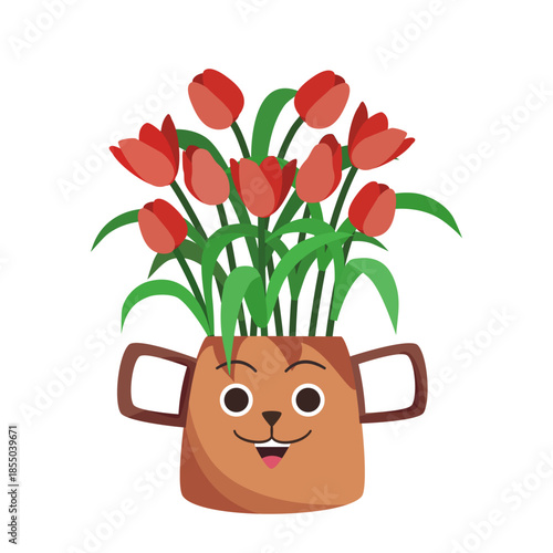 Tulip flowers in dog face shaped pot illustration isolated on white background
