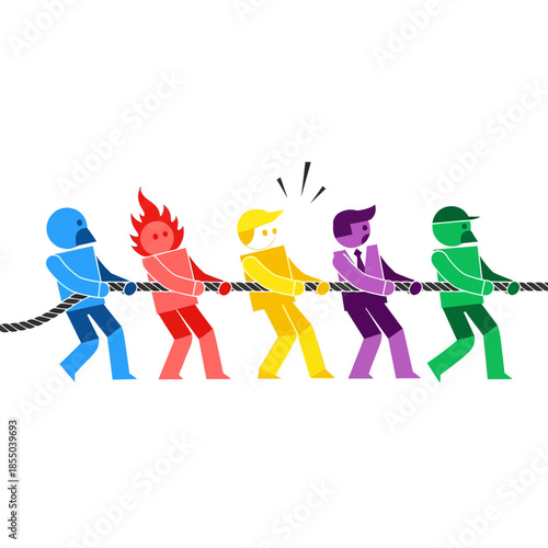 Five professional geometric characters collaboratively pulling a single thick rope in synchronicity, illustrating business synergy and joint effort in a vibrant 2D flat vector illustration.