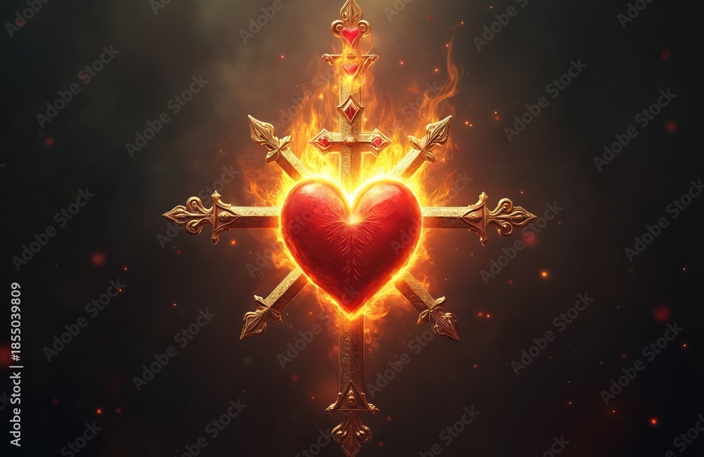 Fototapeta premium A glowing red heart is surrounded by a burning golden cross with ornate details. Flames erupt around the sacred symbol against a dark, mystical background with small floating lights.