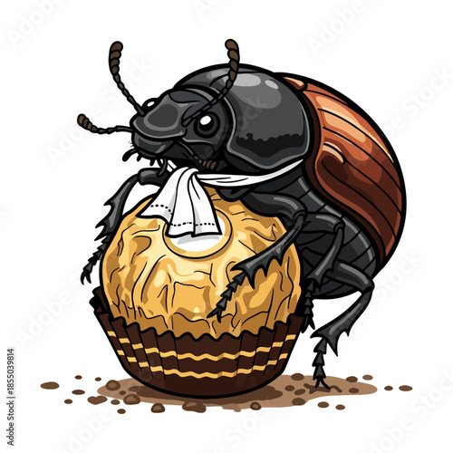 Funny Dung Beetle Wearing Napkin Rolling Giant Golden Chocolate Truffle