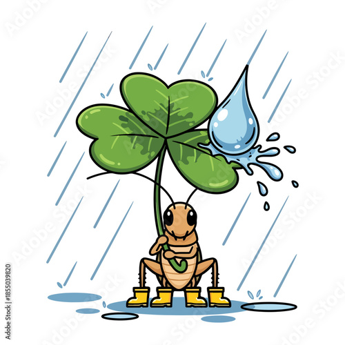 Funny Cute Insect Wearing Rain Boots Holding Clover Umbrella in Rain