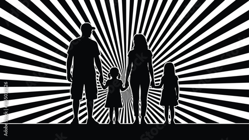 Family silhouette walking together holding hands, parents and children unity, love and protection, strong family bond, abstract sunburst background illustration