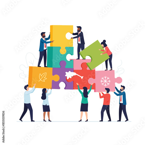 Diverse business professionals collaborate seamlessly in this 2D pure flat vector illustration, assembling oversized puzzle pieces to successfully integrate and complete a complex project structure.