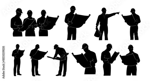 Architects and engineers examining blueprints, construction site team meeting