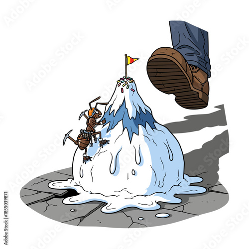 Funny Ant Alpinist Climbing Melting Ice Cream Mountain Under Giant Boot