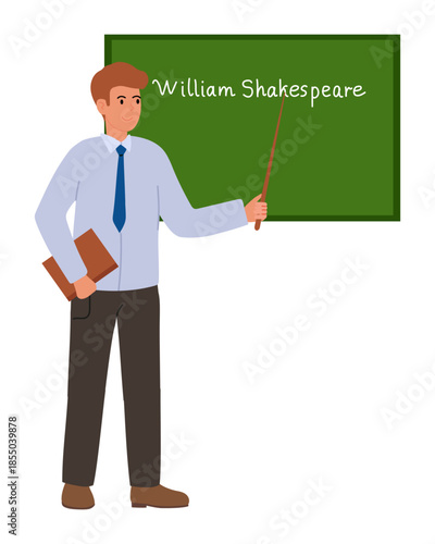 Man standing in front of green chalkboard with name William Shakespeare . He holding book and pointer. Literature teacher.