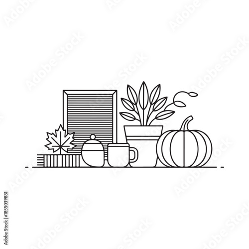 Autumnal still life featuring pumpkins plants books and cozy home decor
