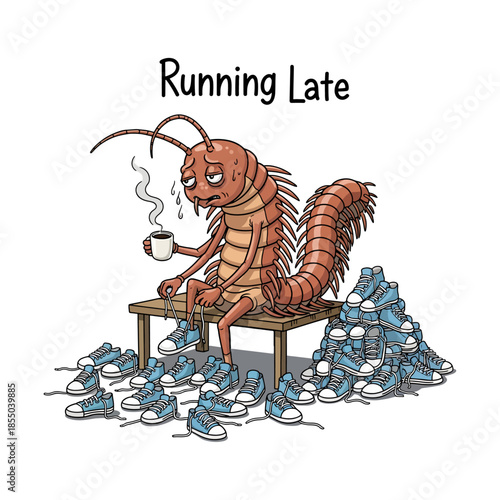 Funny Exhausted Centipede Tying Many Shoes While Running Late with Coffee