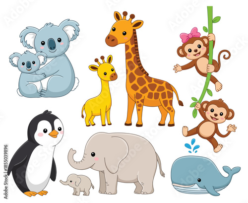 baby and adult animal vector illustration set featuring koalas, penguins, giraffes, monkeys, elephants, and whales in a whimsical style for baby shower invitations, stickers, and posters.