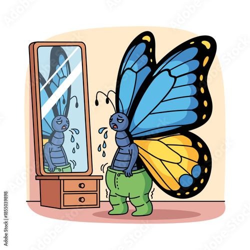 Funny Sad Butterfly Crying While Trying to Fit into Tight Pants at Mirror
