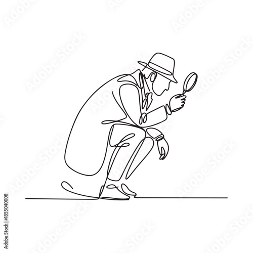 A detective intensely examining something with a magnifying glass line art
