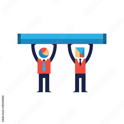 A pure flat 2D vector illustration depicts two minimalist geometric characters providing mutual support and lifting a heavy bar, symbolizing communal effort and shared strength in professional busines