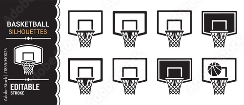Minimal basketball goal silhouette icon set for athletic and recreation projects