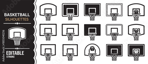 Basketball hoop silhouette icon set with backboards and nets