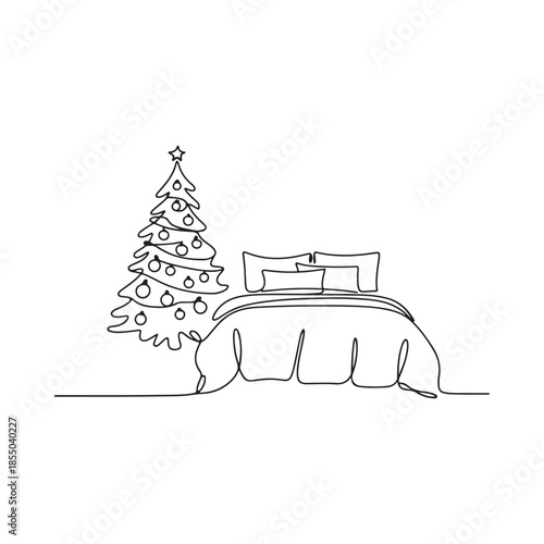 A minimalist line drawing of a christmas tree and a comfortable bed