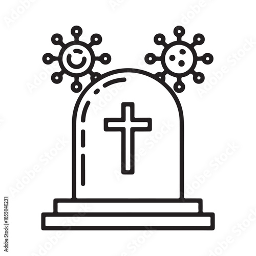 Grave with virus cells above it a somber depiction of mortality