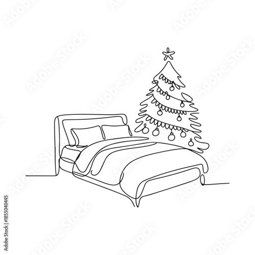 Minimalist line drawing of a bedroom with a christmas tree nearby