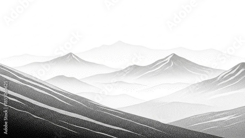 A serene mountain landscape with rugged peaks and misty valleys in a grayscale illustration style, showcasing natural beauty and tranquility in a scenic view