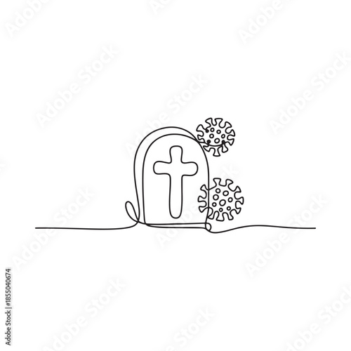 Minimalist line drawing of a tombstone and virus particles illustrating loss