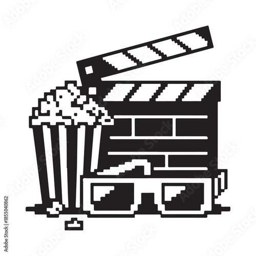 A film clapperboard with popcorn and 3d glasses black and white icon