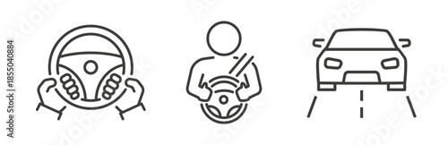 Drive Icons. Driver, Car, Steering Wheel Icon. Vector symbols.