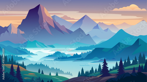 Layered mountain landscape vector with mist and fog, depth effect, tranquil atmosphere, flat illustration style