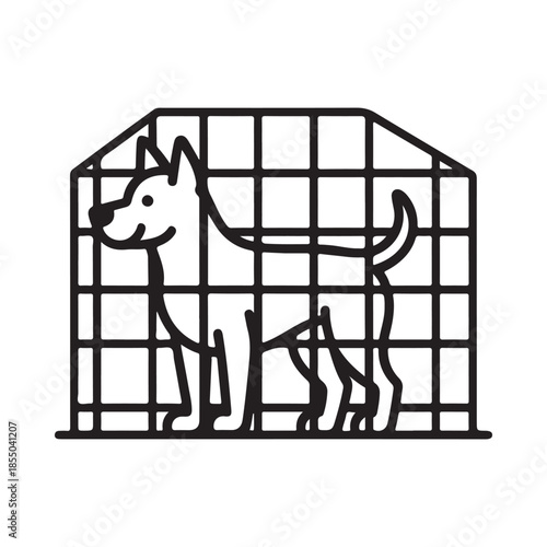 A dog inside a cage simple line art illustration of pet confinement