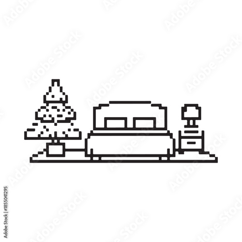A pixel art depiction of a bedroom with a christmas tree and gifts