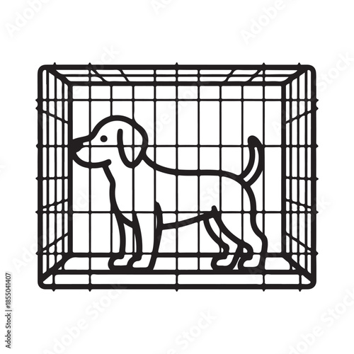 A simple line drawing of a dog inside a wire crate