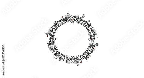 Highly detailed and intricate circular frame composed of fine lines, geometric shapes, and floral motifs in black and white.