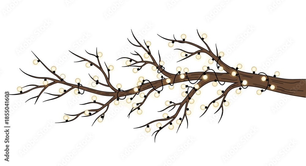 Fototapeta premium Bare tree branch decorated with numerous glowing round fairy lights against a plain white background for festive decor.