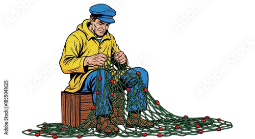 Fisherman repairing fishing net while sitting on a wooden crate  