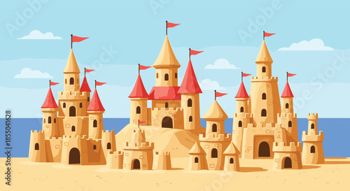 Impressive collection of detailed sandcastles with red roofs and flags stands on a sunny beach under a clear blue sky during summer.