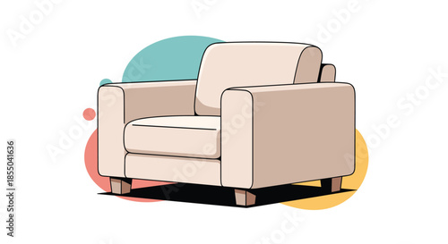 Stylish modern beige armchair featuring a minimalist design and soft cushions set against colorful abstract background shapes.