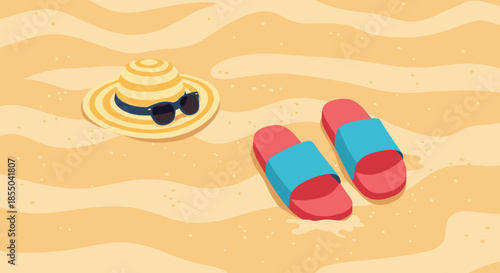 Beach scene with a straw sun hat, dark sunglasses, and a pair of red flip-flops resting on soft golden sand waves.