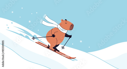 Cute capybara character wearing a white scarf and skiing down a snowy mountain slope during a winter outdoor activity.
