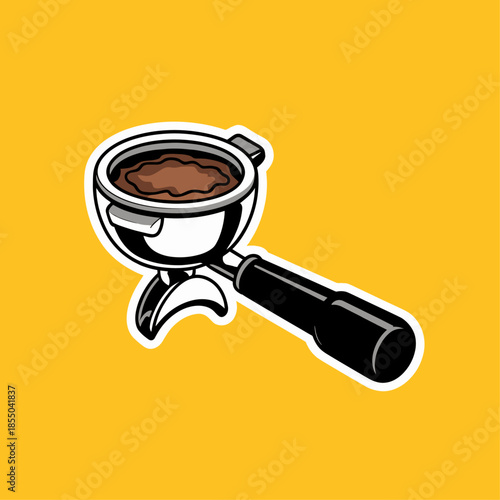 coffee portafilter with grounds sticker isolated