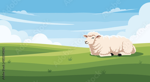 Fluffy white sheep resting peacefully on a vast green grassy field under a clear blue sky with soft white clouds.
