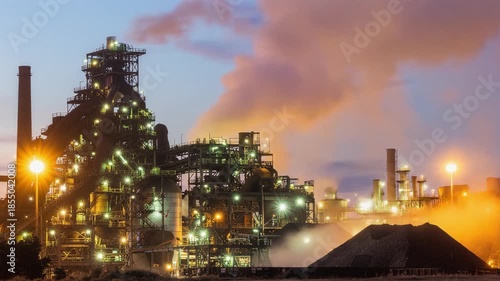 Industrial Plant Illuminated at Dusk with Emitting Smoke and Bright Lights