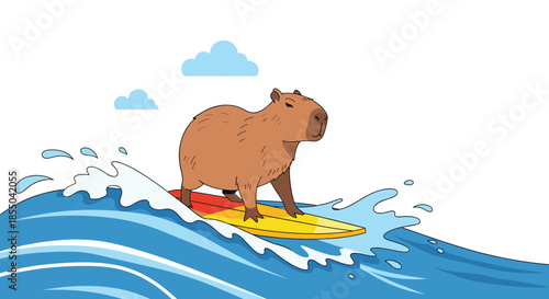 Adventurous capybara character skillfully surfing on a large blue ocean wave with a colorful surfboard under a bright sky.