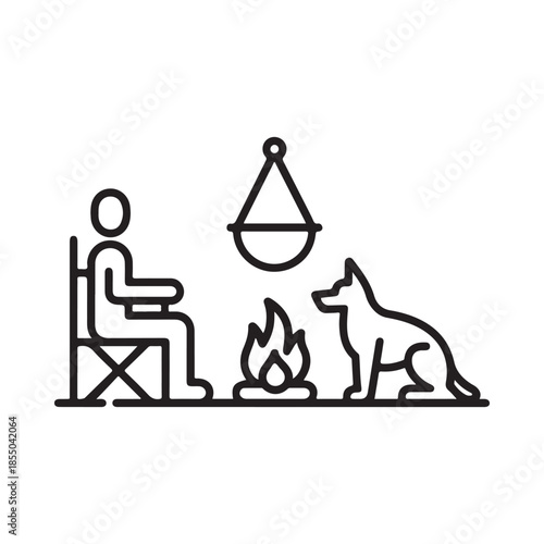 A person dog camping chair and campfire depicted in a simple line drawing